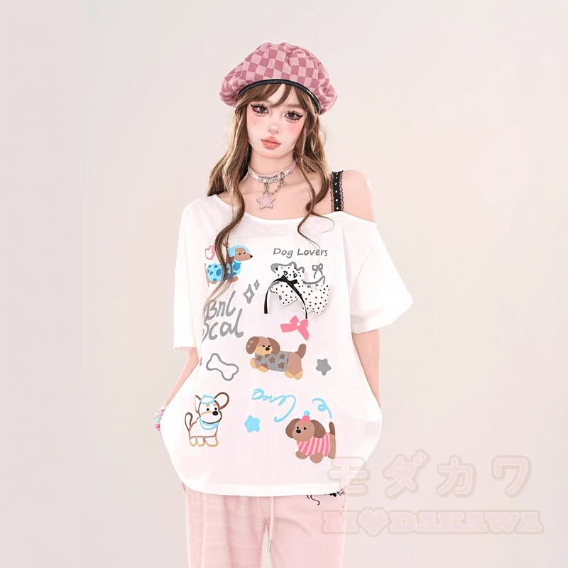 Niedliches One-Shoulder-T-Shirt mit Hundeprint und Rüschenrock - Weißes Oberteil - One Size - image 3