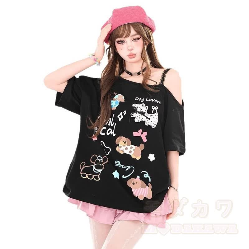 Niedliches One-Shoulder-T-Shirt mit Hundeprint und Rüschenrock - image 2
