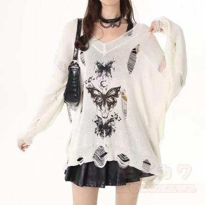 Stricktop mit Schmetterlingsmuster, Used-Look, schulterfrei, langärmelig und mit Cut-outs, schulterfreiem Oberteil - Weißes Oberteil - 2XL - image 6