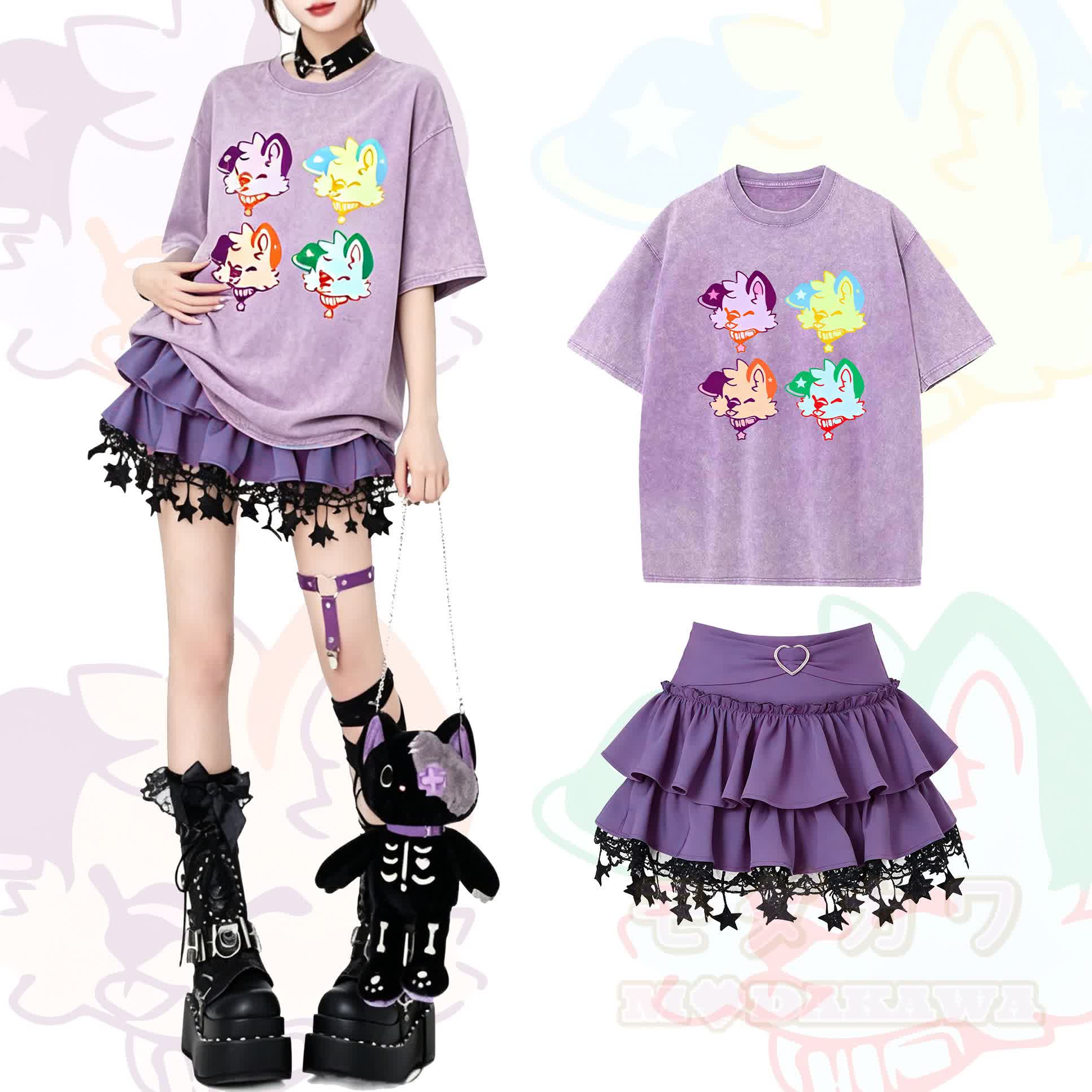 MODAKAWA X popipeko Lila T-Shirt mit hochgeschnittenem Balletcore-Minirock Zweiteiler-Set - Satz - XL - image 1
