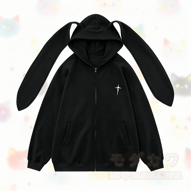 Kawaii Fashion Sternen-Hasenohren-Kapuzenpullover mit Reißverschluss - image 1