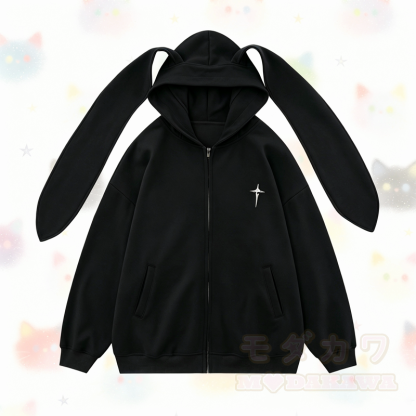 Kawaii Fashion Sternen-Hasenohren-Kapuzenpullover mit Reißverschluss - image 1