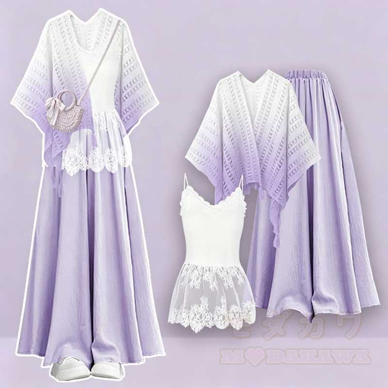 Dreiteiliges Set bestehend aus einem Top mit Farbverlauf, Lochmuster, Spitzenunterwäsche und einer weiten Hose - Lila Set - 4XL - image 1