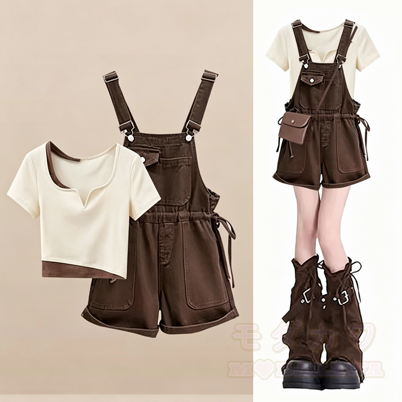 Zweiteiliges Set aus Farben abgesetztem Kurzarm-Top und locker sitzender kurzer Latzhose - Satz - 3XL - image 1