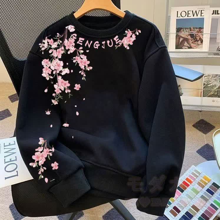 Oversized Sweatshirt mit Blumenmuster und Fleecefutter - Schwarz (Fleecegefüttert) - 4XL - image 3