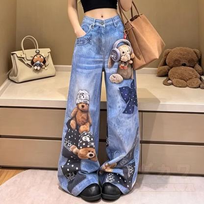 Jeans mit Cartoon-Bären-Schleifenprint, hohem Bund und weitem Bein - Blau - 4XL - image 1