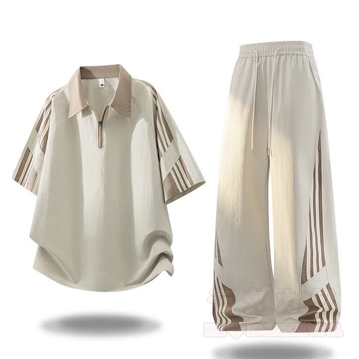 Sportliches zweiteiliges Set aus zweiteiligem Kurzarm-Top mit halbem Reißverschluss und Hose im Farben Block-Design. - Aprikosen-Set - 4XL - image 2