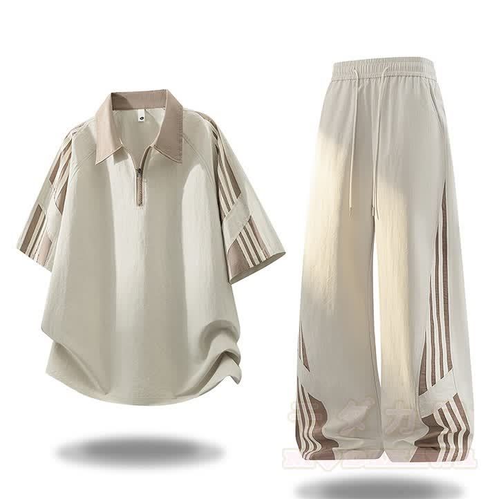Sportliches zweiteiliges Set aus zweiteiligem Kurzarm-Top mit halbem Reißverschluss und Hose im Farben Block-Design. - Aprikosen-Set - 4XL - image 2