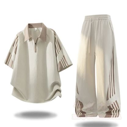 Sportliches zweiteiliges Set aus zweiteiligem Kurzarm-Top mit halbem Reißverschluss und Hose im Farben Block-Design. - Aprikosen-Set - 4XL - image 2