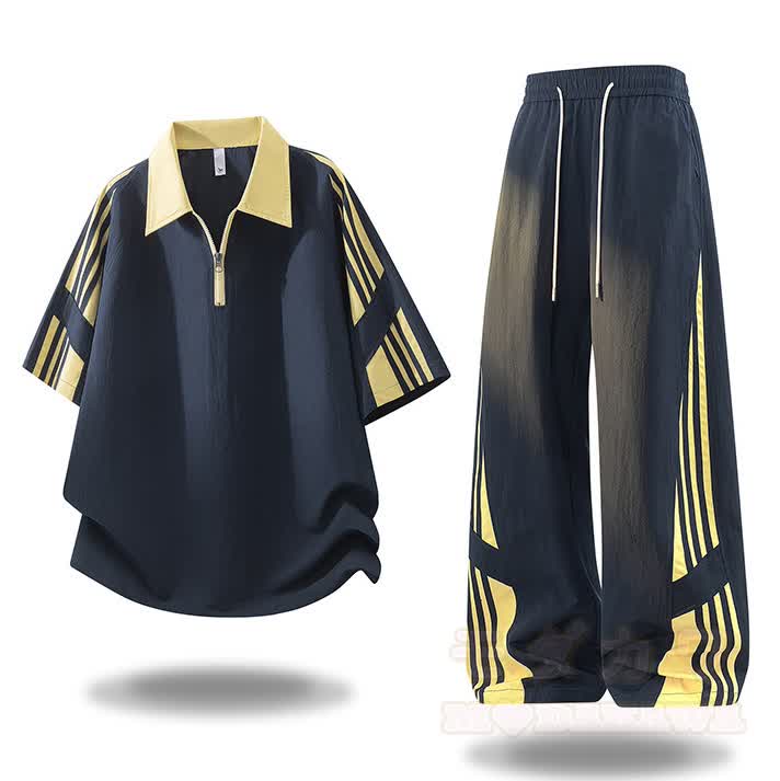 Sportliches zweiteiliges Set aus zweiteiligem Kurzarm-Top mit halbem Reißverschluss und Hose im Farben Block-Design. - Marineblaues Set - 4XL - image 1
