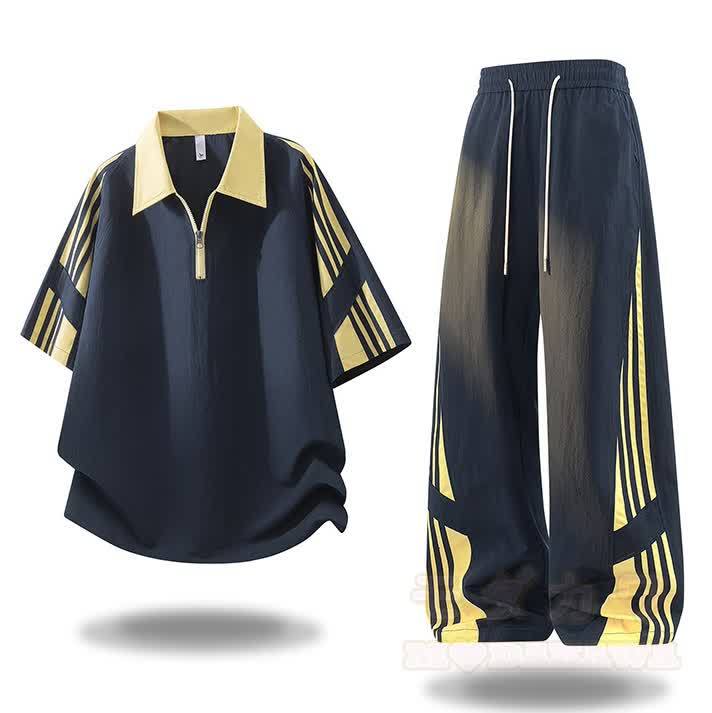 Sportliches zweiteiliges Set aus zweiteiligem Kurzarm-Top mit halbem Reißverschluss und Hose im Farben Block-Design. - Marineblaues Set - 4XL - image 1