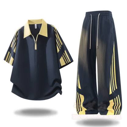 Sportliches zweiteiliges Set aus zweiteiligem Kurzarm-Top mit halbem Reißverschluss und Hose im Farben Block-Design. - Marineblaues Set - 4XL - image 1