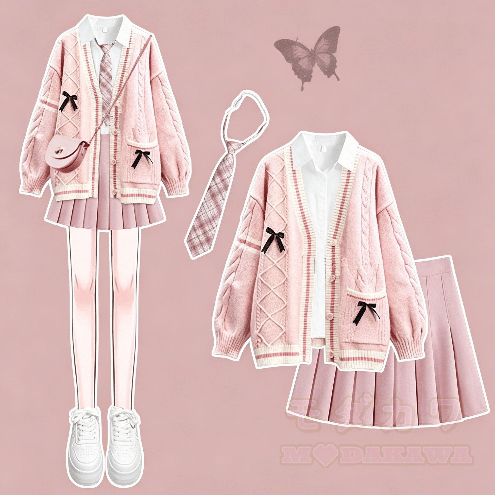 Preppy-Strickjacke mit Bluse, plissiertem Minirock und Krawatte – vierteiliges Set - Satz D - XL - image 4