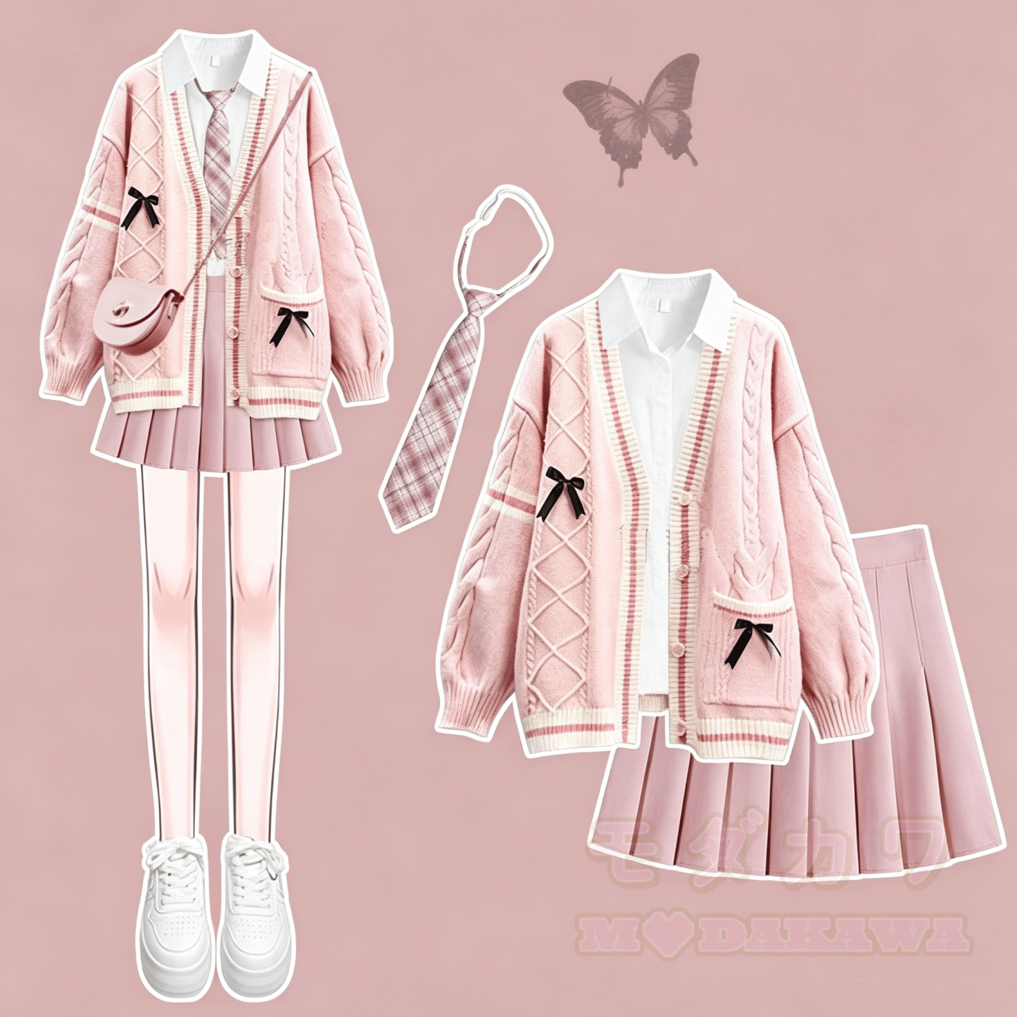 Preppy-Strickjacke mit Bluse, plissiertem Minirock und Krawatte – vierteiliges Set - Satz D - XL - image 4