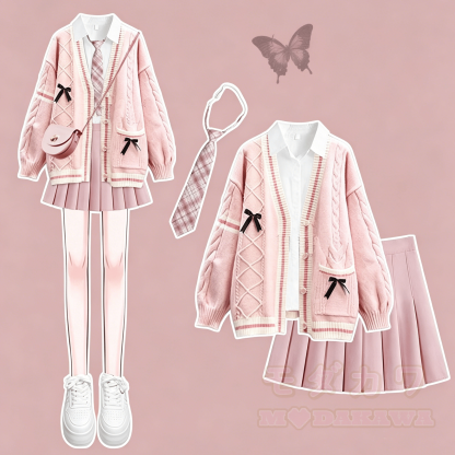 Preppy-Strickjacke mit Bluse, plissiertem Minirock und Krawatte – vierteiliges Set - Satz D - XL - image 4