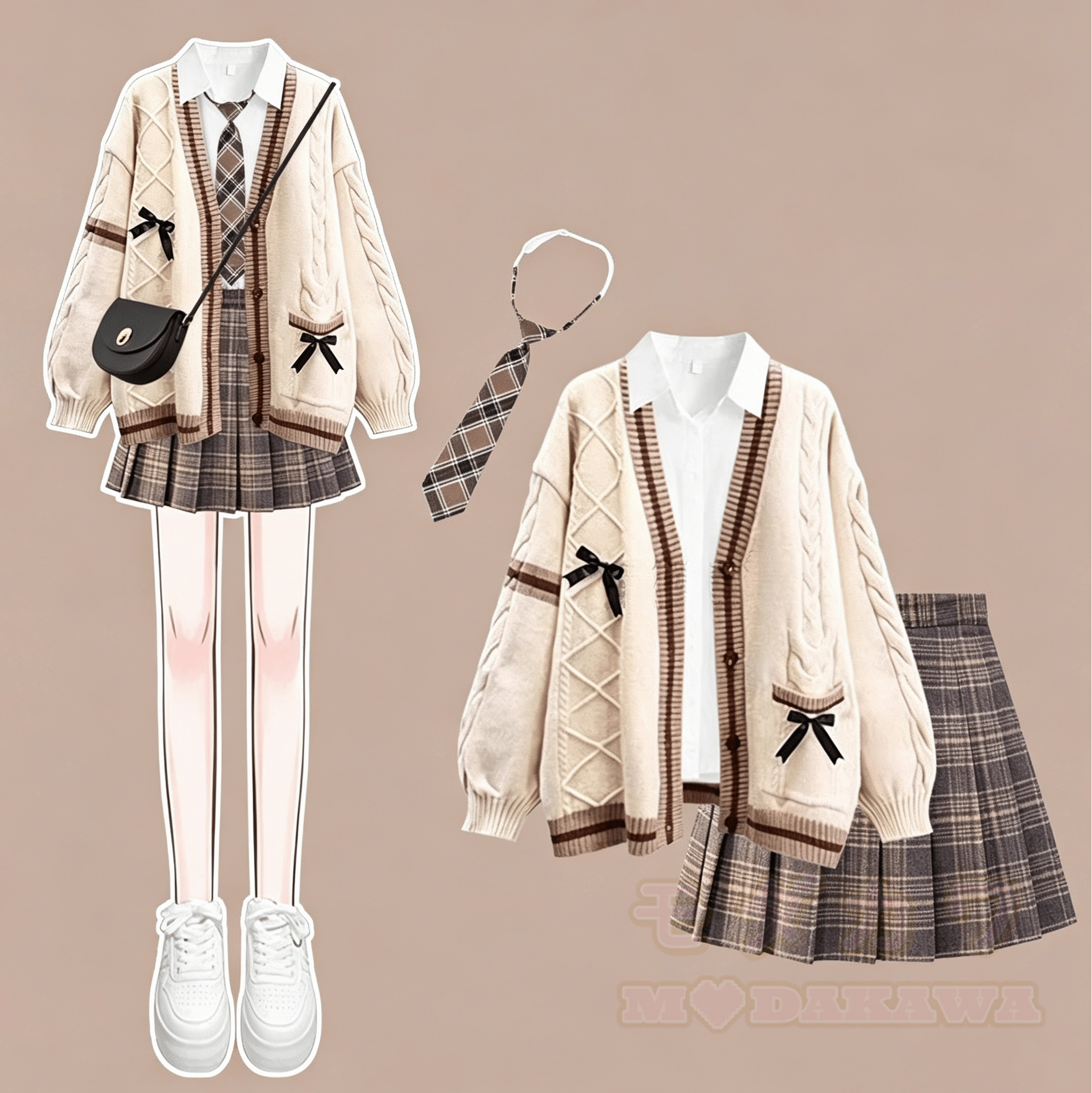 Preppy-Strickjacke mit Bluse, plissiertem Minirock und Krawatte – vierteiliges Set - Satz C - XL - image 3