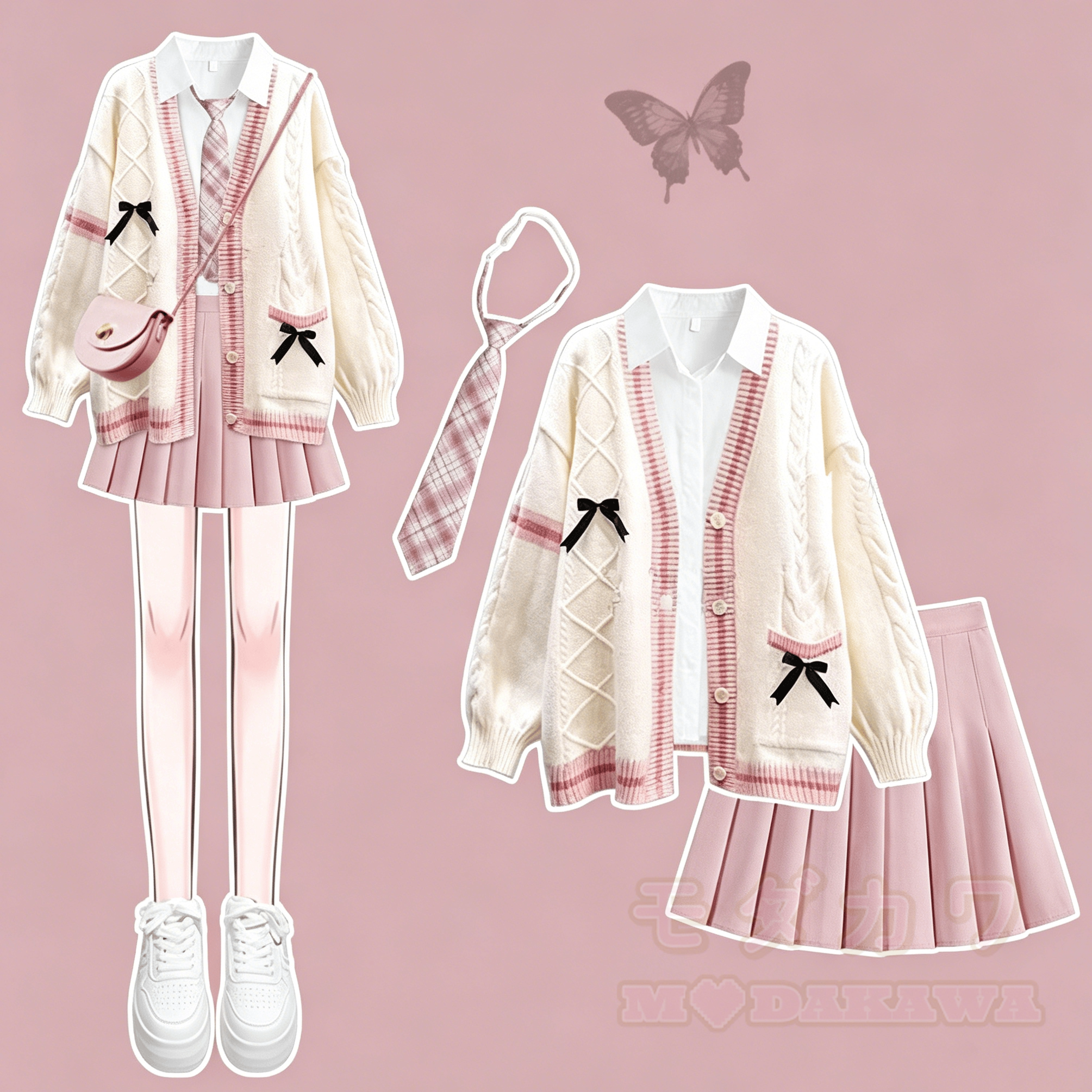 Preppy-Strickjacke mit Bluse, plissiertem Minirock und Krawatte – vierteiliges Set - Satz B - XL - image 2