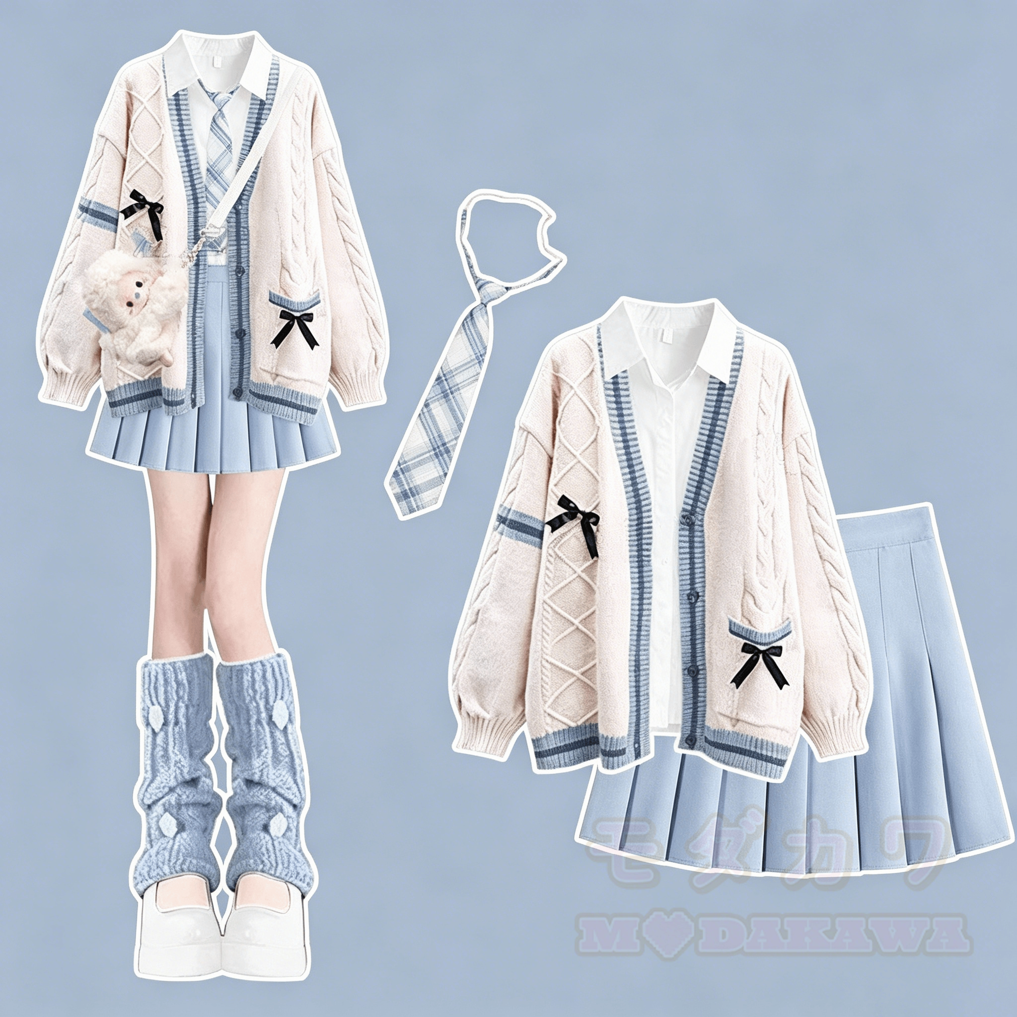 Preppy-Strickjacke mit Bluse, plissiertem Minirock und Krawatte – vierteiliges Set - Satz A - XL - image 1