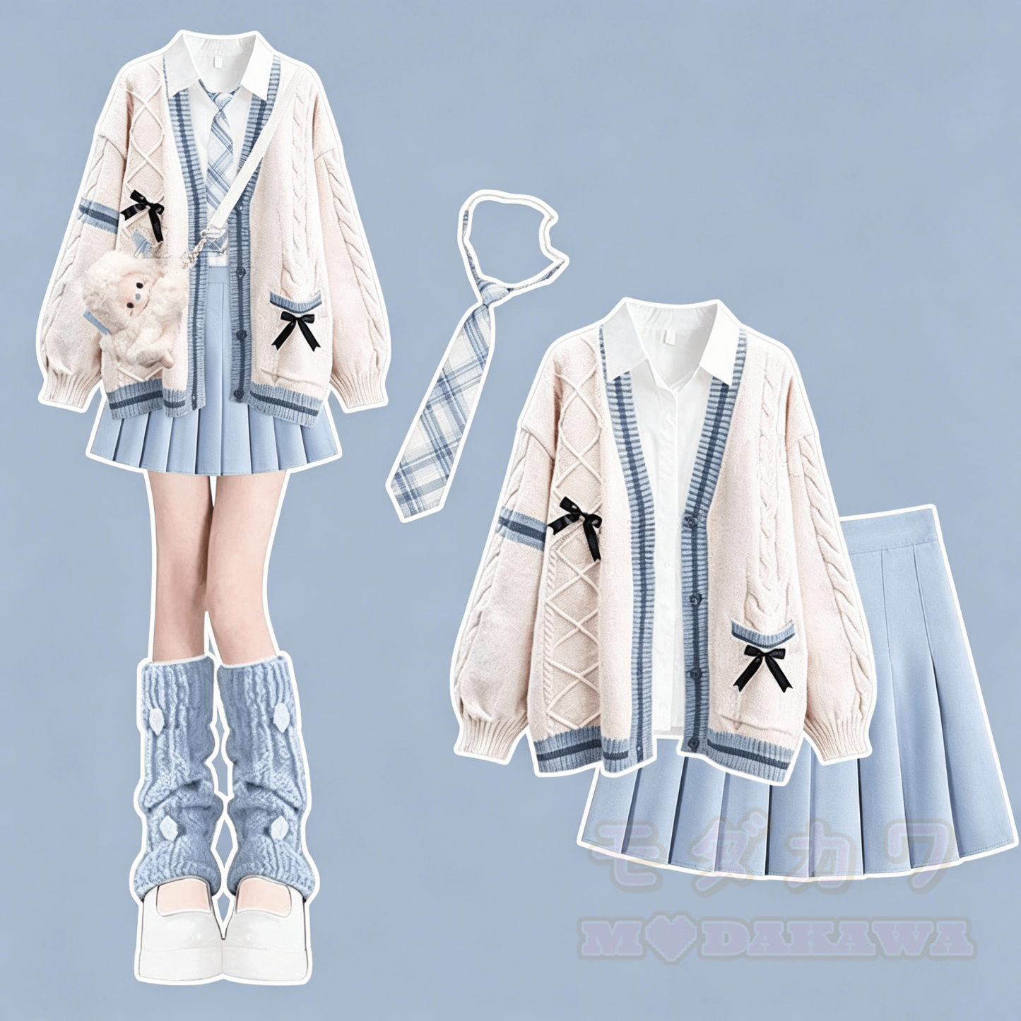 Preppy-Strickjacke mit Bluse, plissiertem Minirock und Krawatte – vierteiliges Set - Satz A - XL - image 1