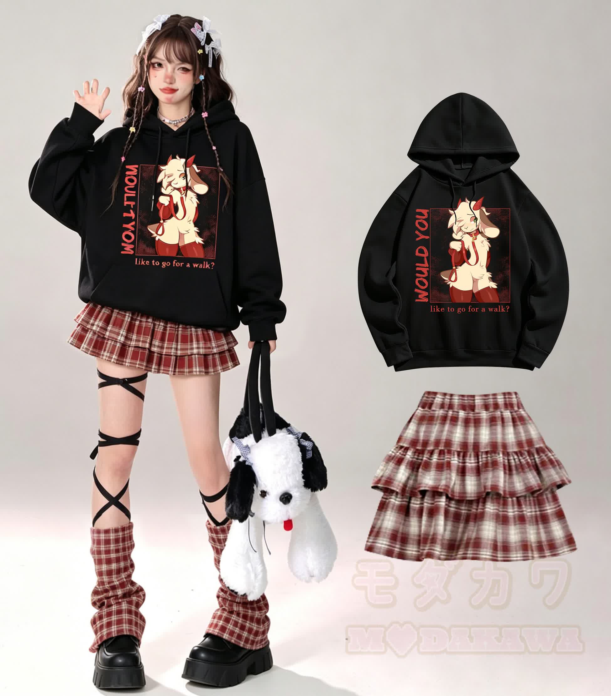 MODAKAWA Anime-Ziegen-Grafik Langarm-Hoodie mit Minirock Zweiteiler-Set - image 1