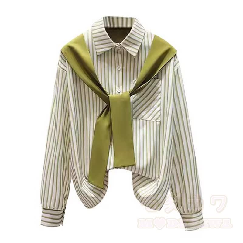 Gestreiftes Hemd mit abnehmbarem Schal und hochtailliertem Faltenrock – zweiteiliges Set - Spitze - 3XL - image 3