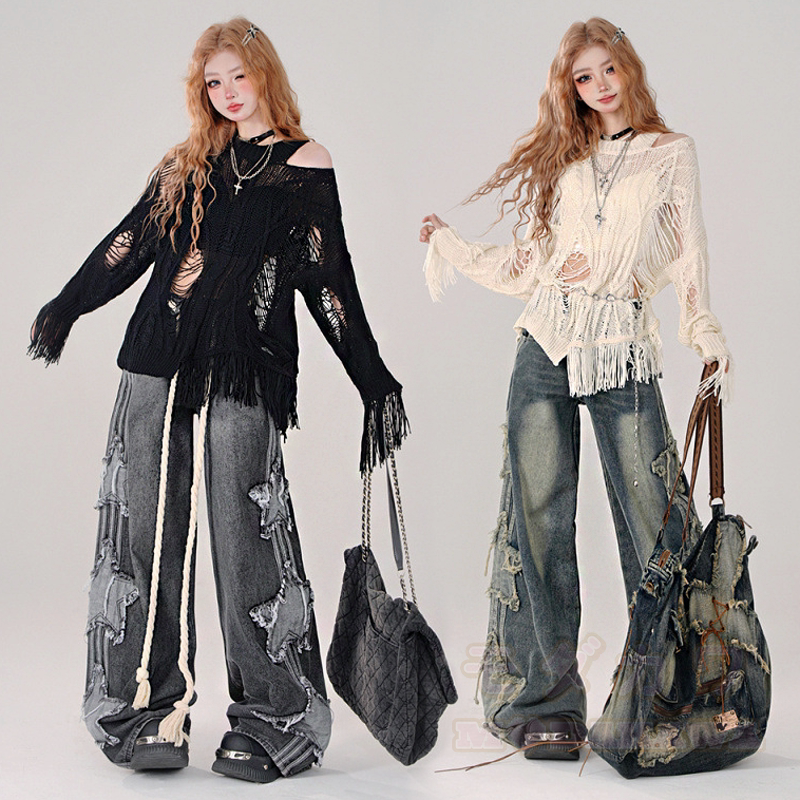 Y2K-Zweiteiler: Schulterfreies Top mit Cut-Outs und lockerer Silhouette, Hose mit Sternenmuster - image 1
