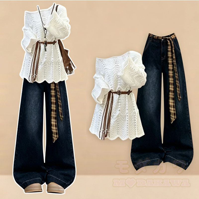 Elegantes, locker gestricktes Strandkleid und ausgestellte Jeans-Zweiteiler-Set - Satz - 4XL - image 1