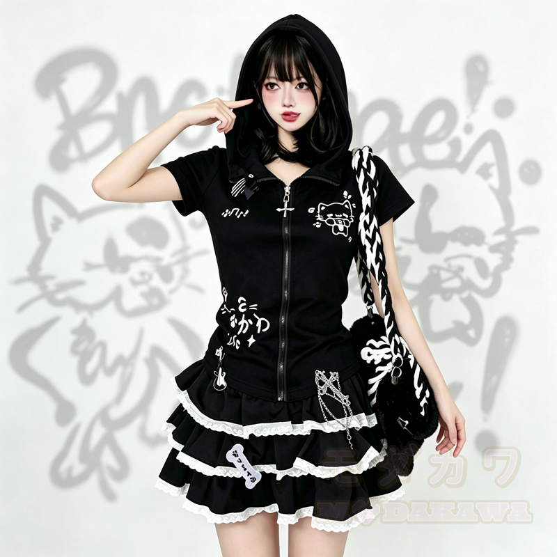 Harajuku Fashion: Zweiteiliges Set aus süßem Kapuzentop mit Katzenprint und Rüschenrock - image 1