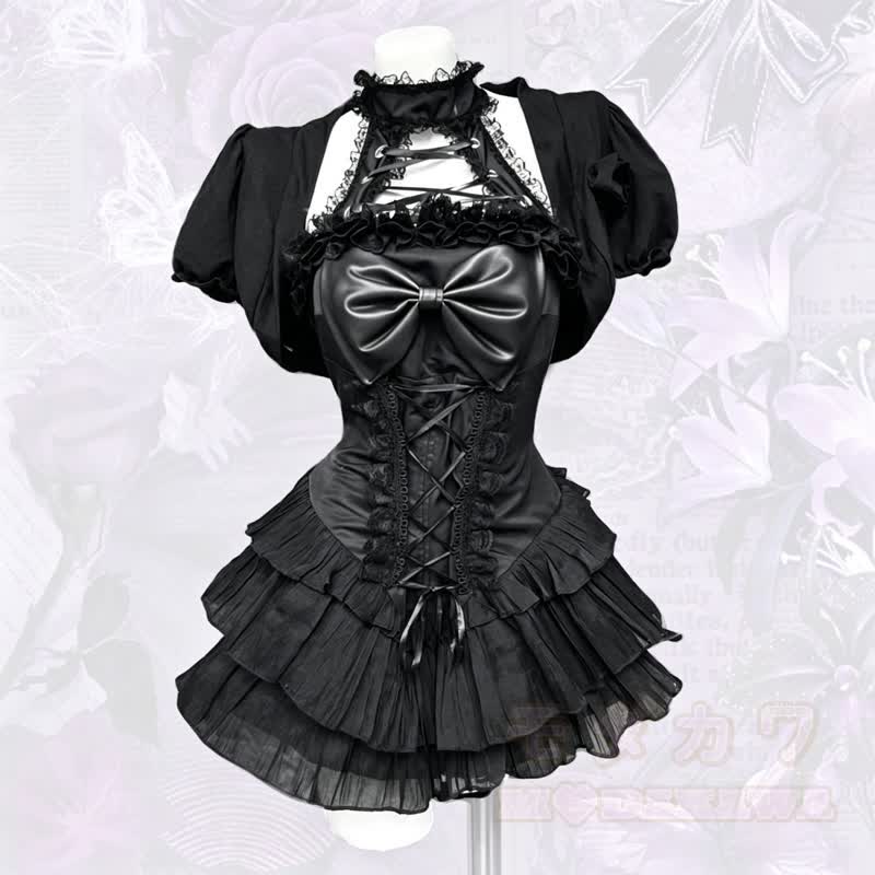 Gothic-Kleid mit kurzem Puffärmel-Top, Schleife, Neckholder und Schnürung, zweiteiliges Set - Satz - XL - image 1