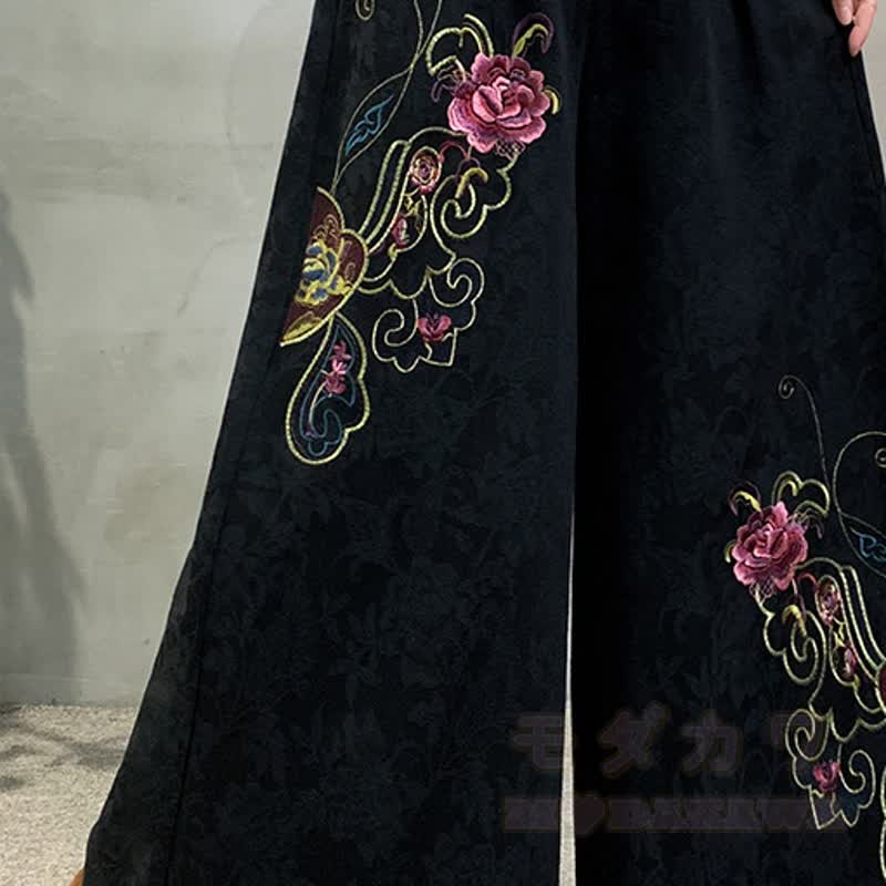 Lockere Hose mit hohem Bund im chinesischen Stil mit Blumenstickerei - image 7