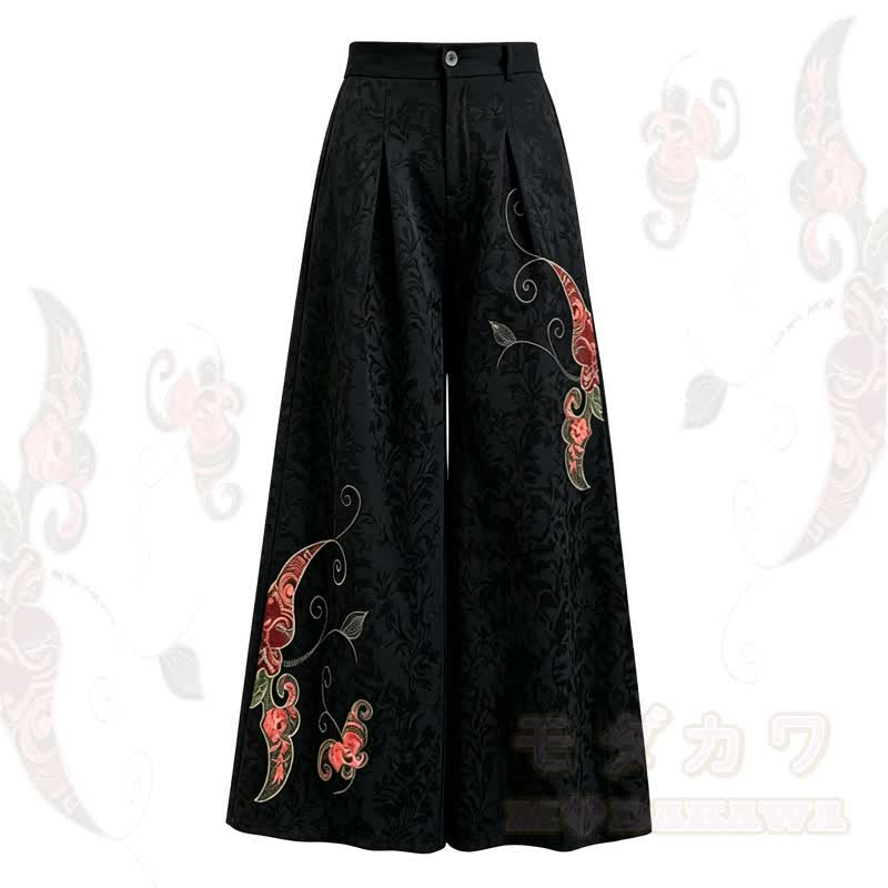 Lockere Hose mit hohem Bund im chinesischen Stil mit Blumenstickerei - image 1