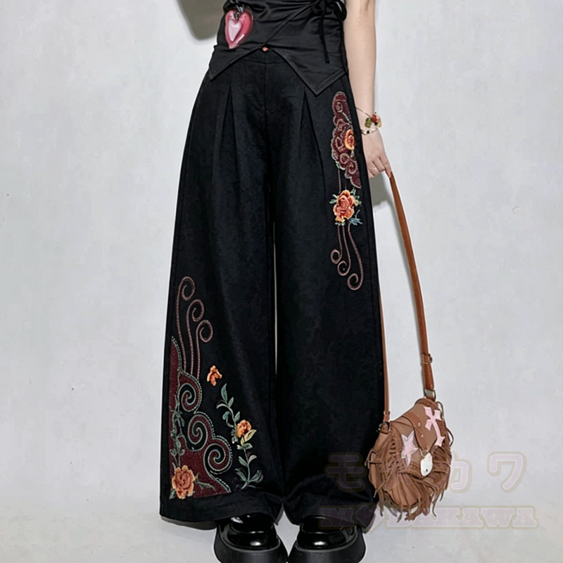 Lockere Hose mit hohem Bund im chinesischen Stil mit Blumenstickerei - Hose B - 3XL - image 3