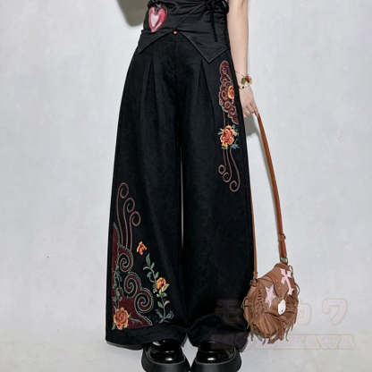 Lockere Hose mit hohem Bund im chinesischen Stil mit Blumenstickerei - Hose B - 3XL - image 3