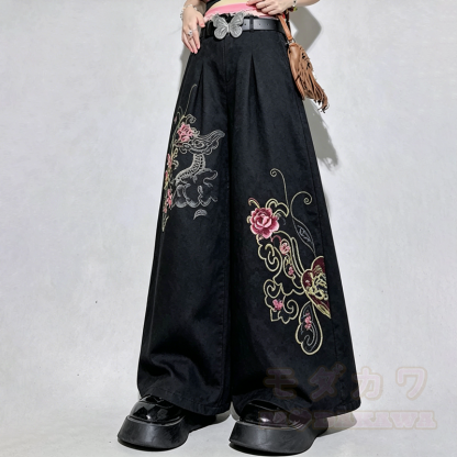 Lockere Hose mit hohem Bund im chinesischen Stil mit Blumenstickerei - Hose A - 3XL - image 2