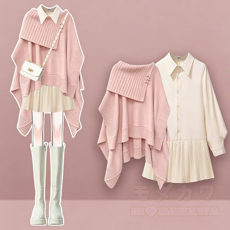 Asymmetrisches, mehrlagiges Strickpullover- und Faltenhemdkleid-Zweiteiler-Set - Rosa Set - 3XL - image 2