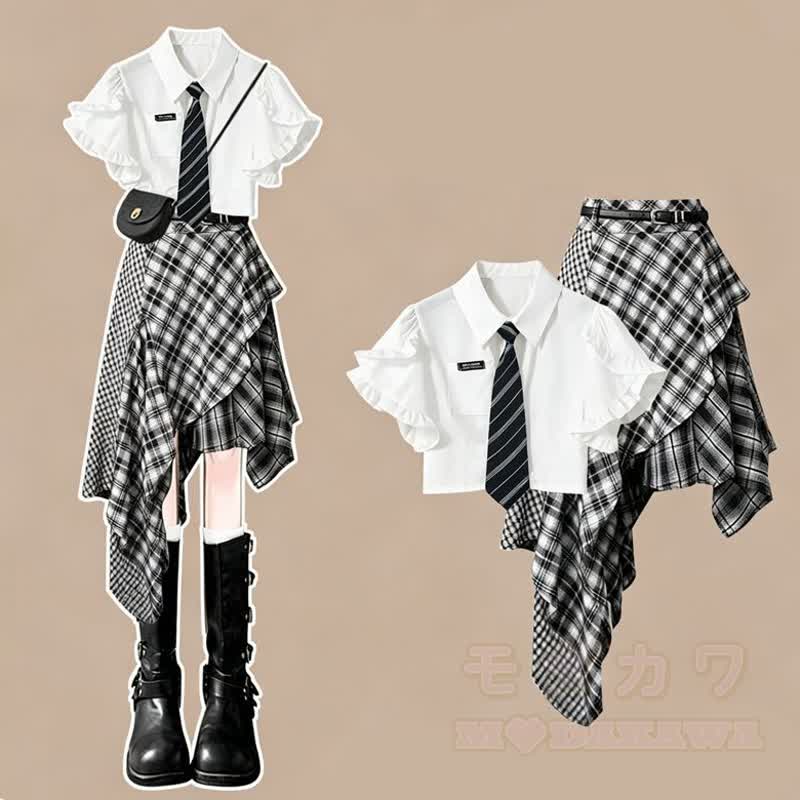 Zweiteiliges Set im Preppy-Stil: Kurzarmhemd und karierter asymmetrischer Rock - Satz - L - image 1