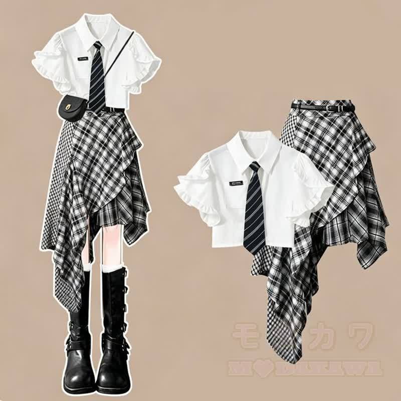 Zweiteiliges Set im Preppy-Stil: Kurzarmhemd und karierter asymmetrischer Rock - Satz - L - image 1