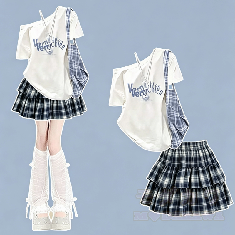 Süßes zweiteiliges Set aus schulterfreiem Kurzarm-T-Shirt und Karorock. - Blaues Set - 3XL - image 1