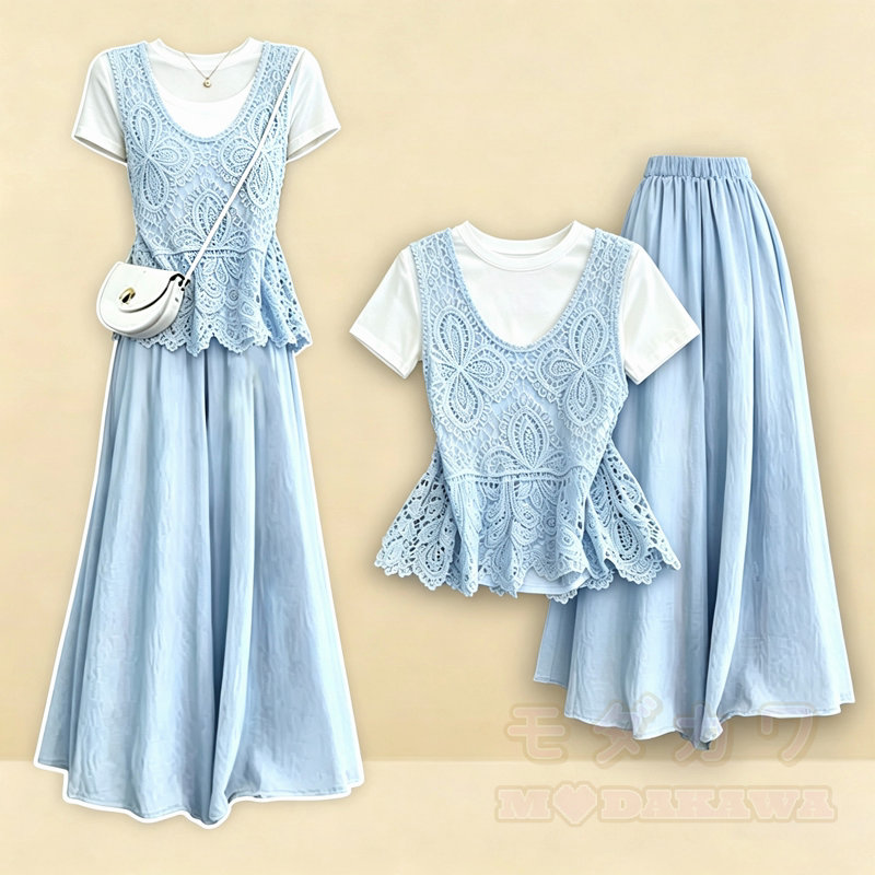 Elegantes, dreiteiliges Set aus Weste mit floraler Lochmusterspitze, einfarbigem T-Shirt und locker sitzender Hose. - Blaues Set - L - image 1