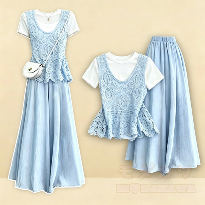 Elegantes, dreiteiliges Set aus Weste mit floraler Lochmusterspitze, einfarbigem T-Shirt und locker sitzender Hose. - Blaues Set - L - image 1