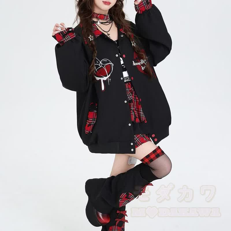 Vintage-Jacke im amerikanischen Stil mit Karomuster und Herzmotiv, Oversize-Schnitt - image 1