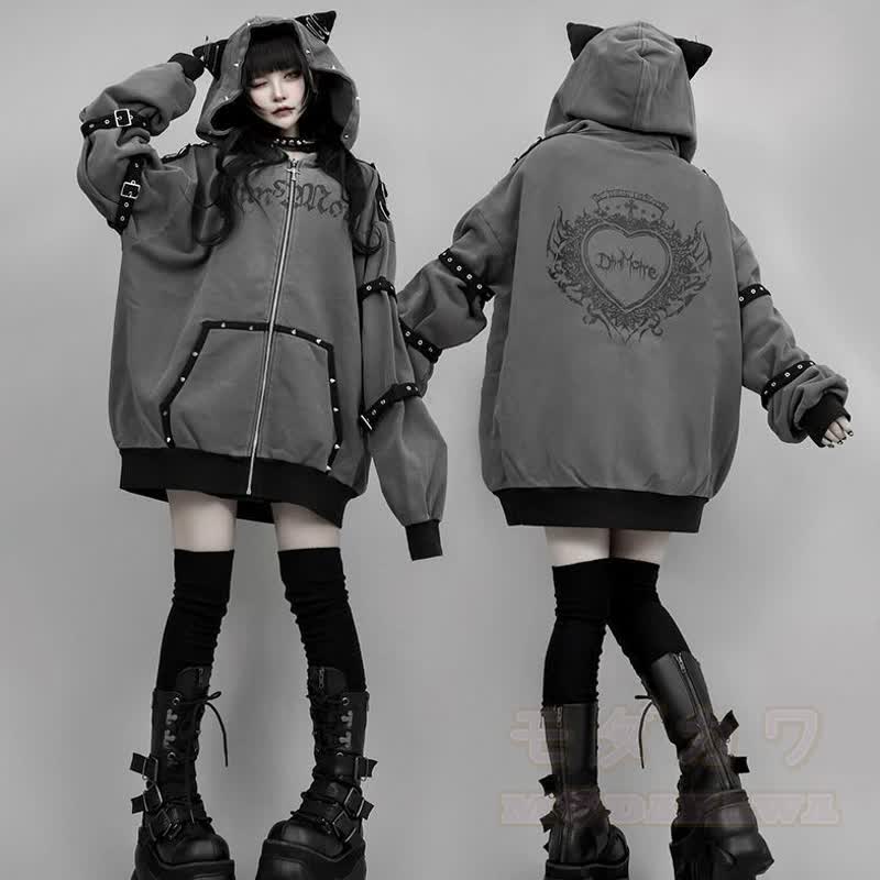 Gothic Y2K Katzenohren-Oversize-Kapuzenmantel mit Reißverschluss - image 1
