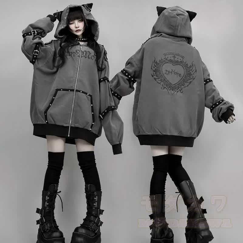 Gothic Y2K Katzenohren-Oversize-Kapuzenmantel mit Reißverschluss - image 1