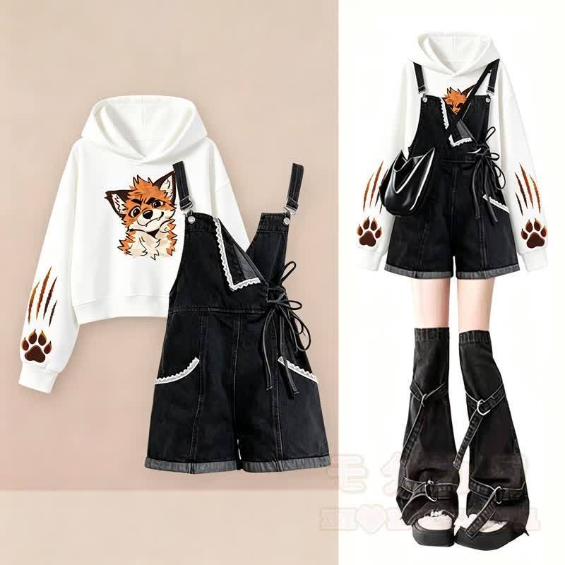 Niedliches Set aus Hoodie und Jeans-Latzhose mit Fuchspfotenabdruck (zweiteilig) - image 1