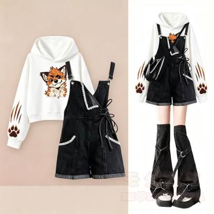 Niedliches Set aus Hoodie und Jeans-Latzhose mit Fuchspfotenabdruck (zweiteilig) - image 1