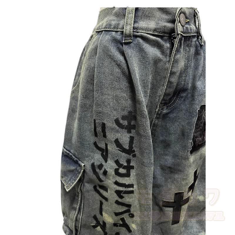 Vintage-Jeans mit Used-Look und Gothic-Flicken - image 5