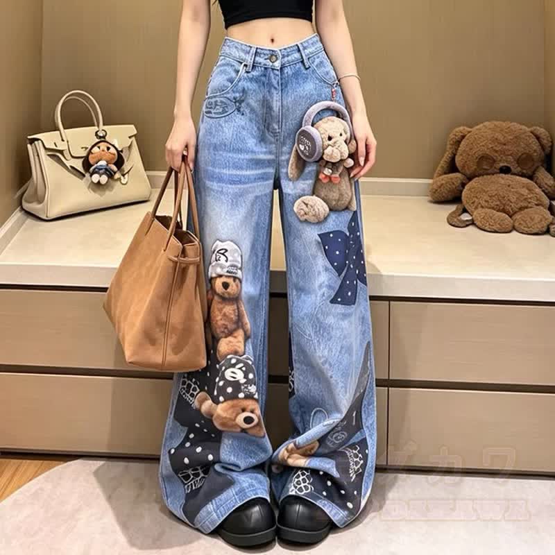 Jeans mit Cartoon-Bären-Schleifenprint, hohem Bund und weitem Bein - image 2