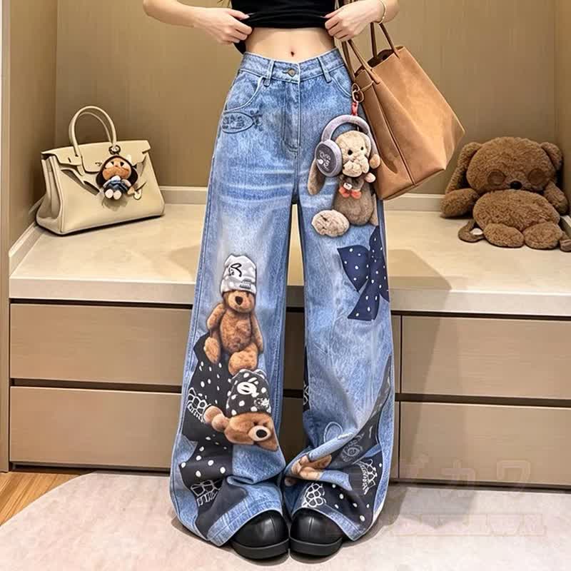Jeans mit Cartoon-Bären-Schleifenprint, hohem Bund und weitem Bein - image 3