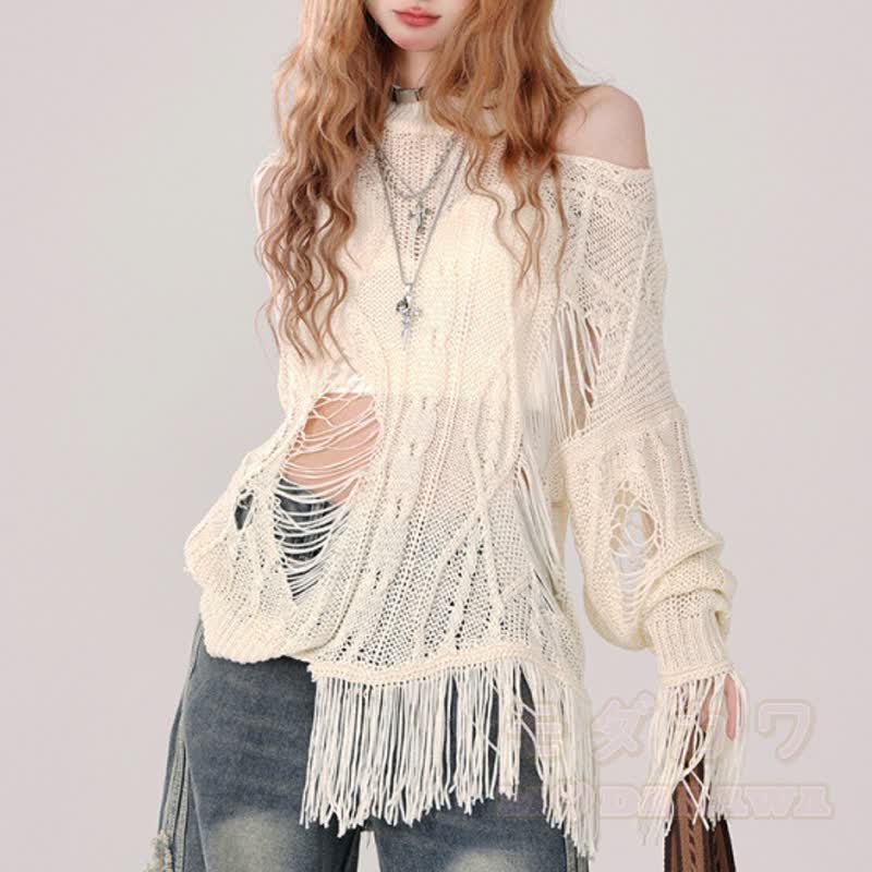 Y2K-Zweiteiler: Schulterfreies Top mit Cut-Outs und lockerer Silhouette, Hose mit Sternenmuster - Beige Top - L - image 2