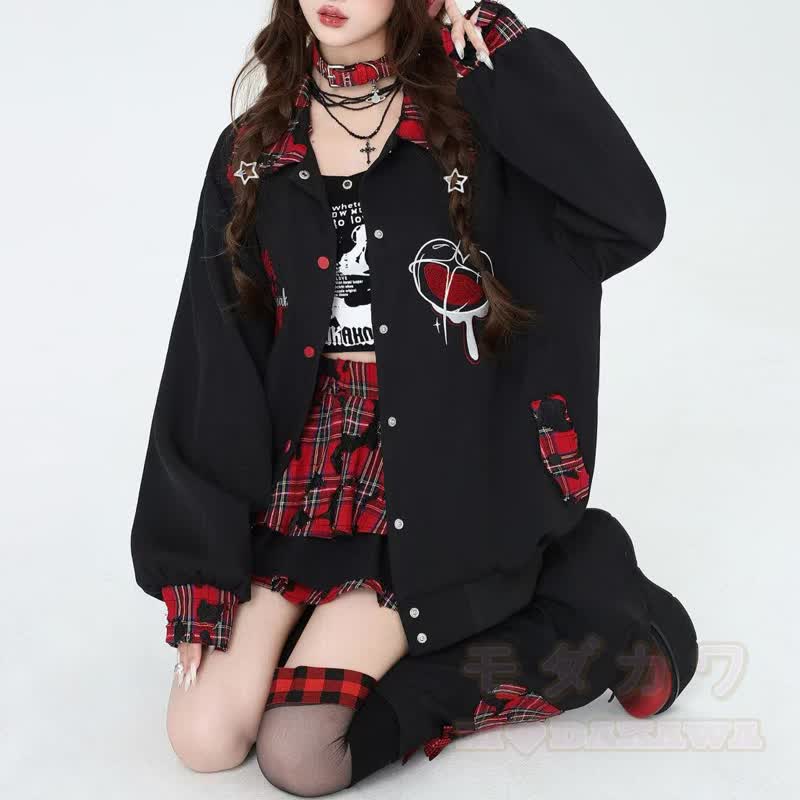 Vintage-Jacke im amerikanischen Stil mit Karomuster und Herzmotiv, Oversize-Schnitt - image 2